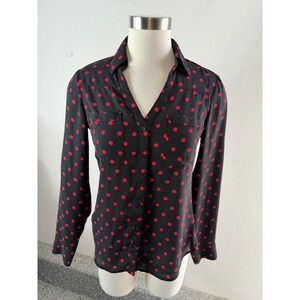 Express Portofino Shirt Slim Womens XS Polka Dot Blouse Black Red Roll Tab
